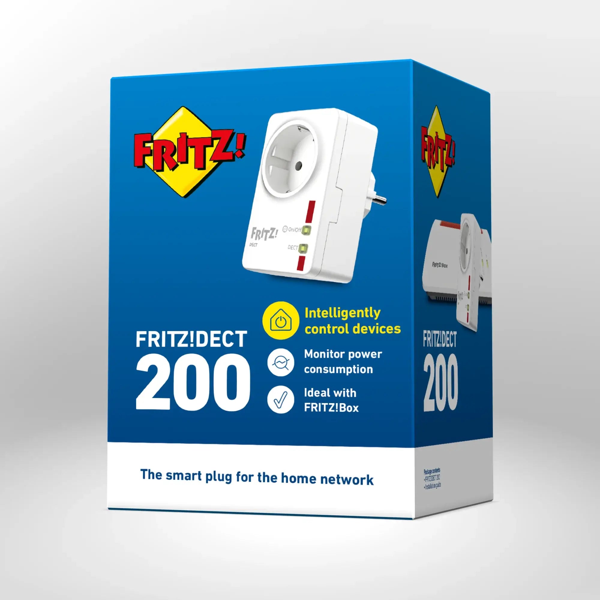 Verpackung von FRITZ!DECT 200 auf grauem Hintergrund