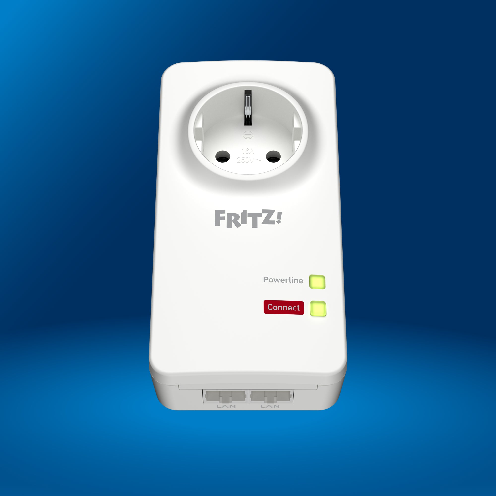 FRITZ!Powerline 1220 Powerline adapter with connect buttons on blue background.