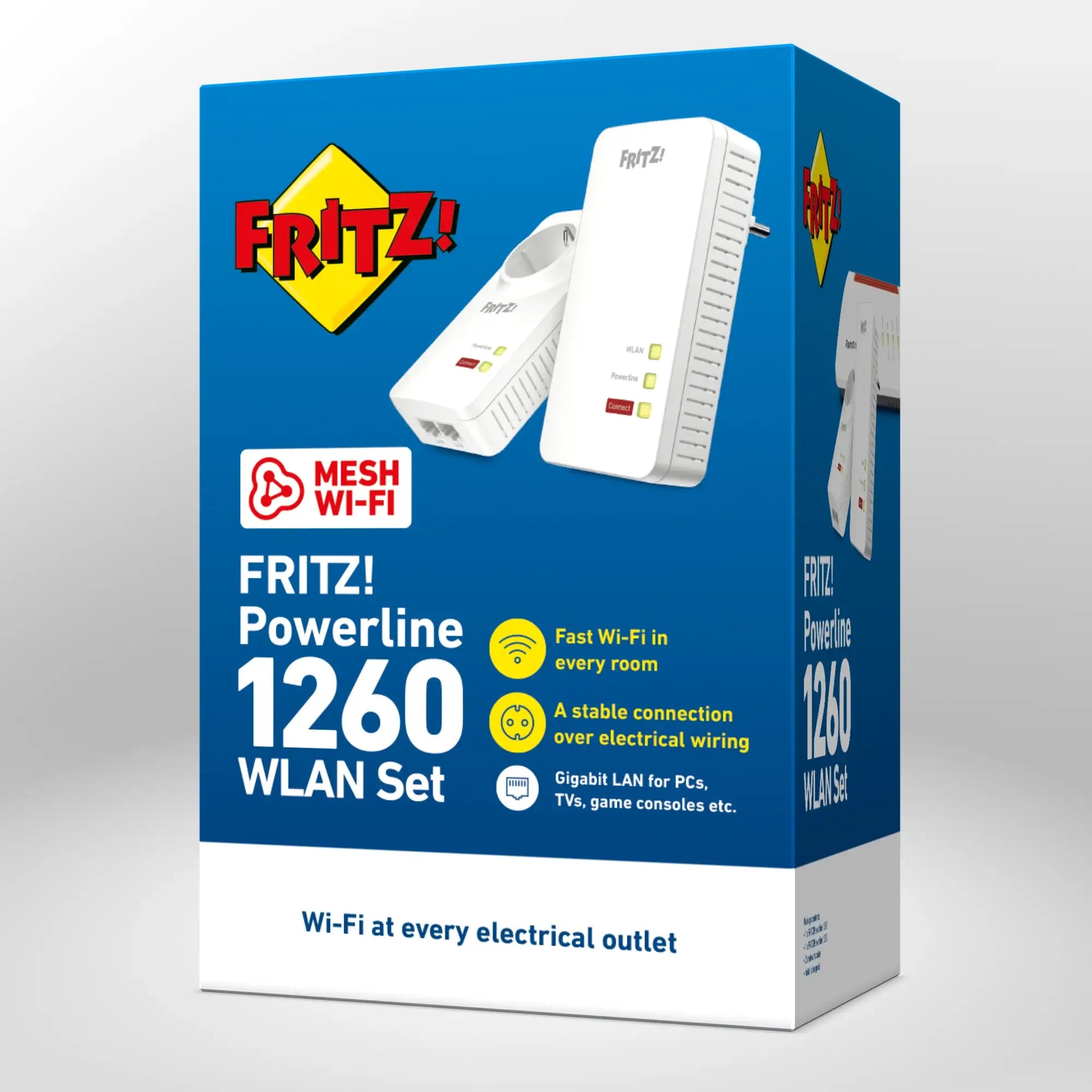 Verpackung von FRITZ!Powerline 1260 WLAN Set auf grauem Hintergrund