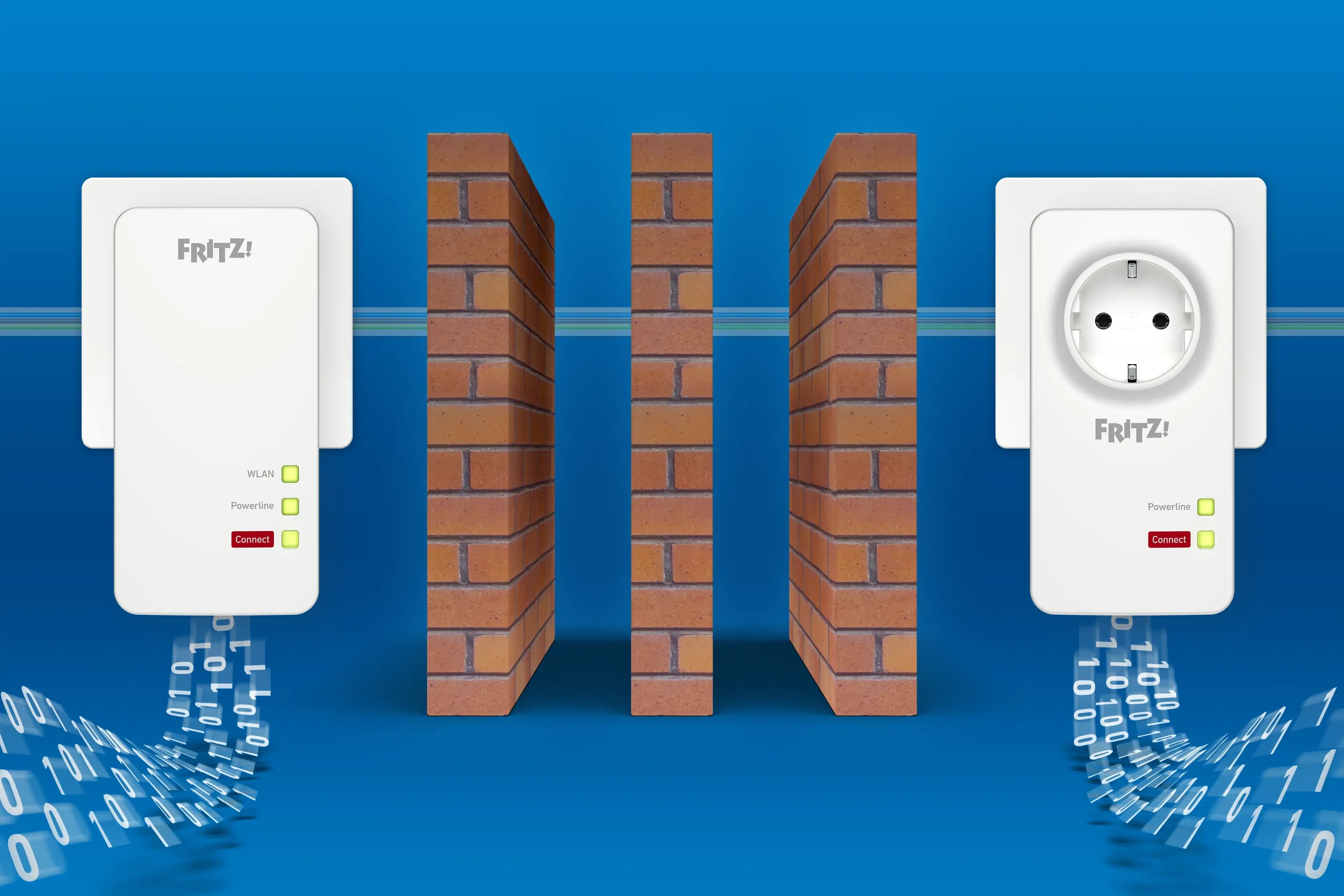 Fritz!Box Powerline Adapter, zeigt Verbindung durch Wände und Datenübertragung, auf blauem Hintergrund.
