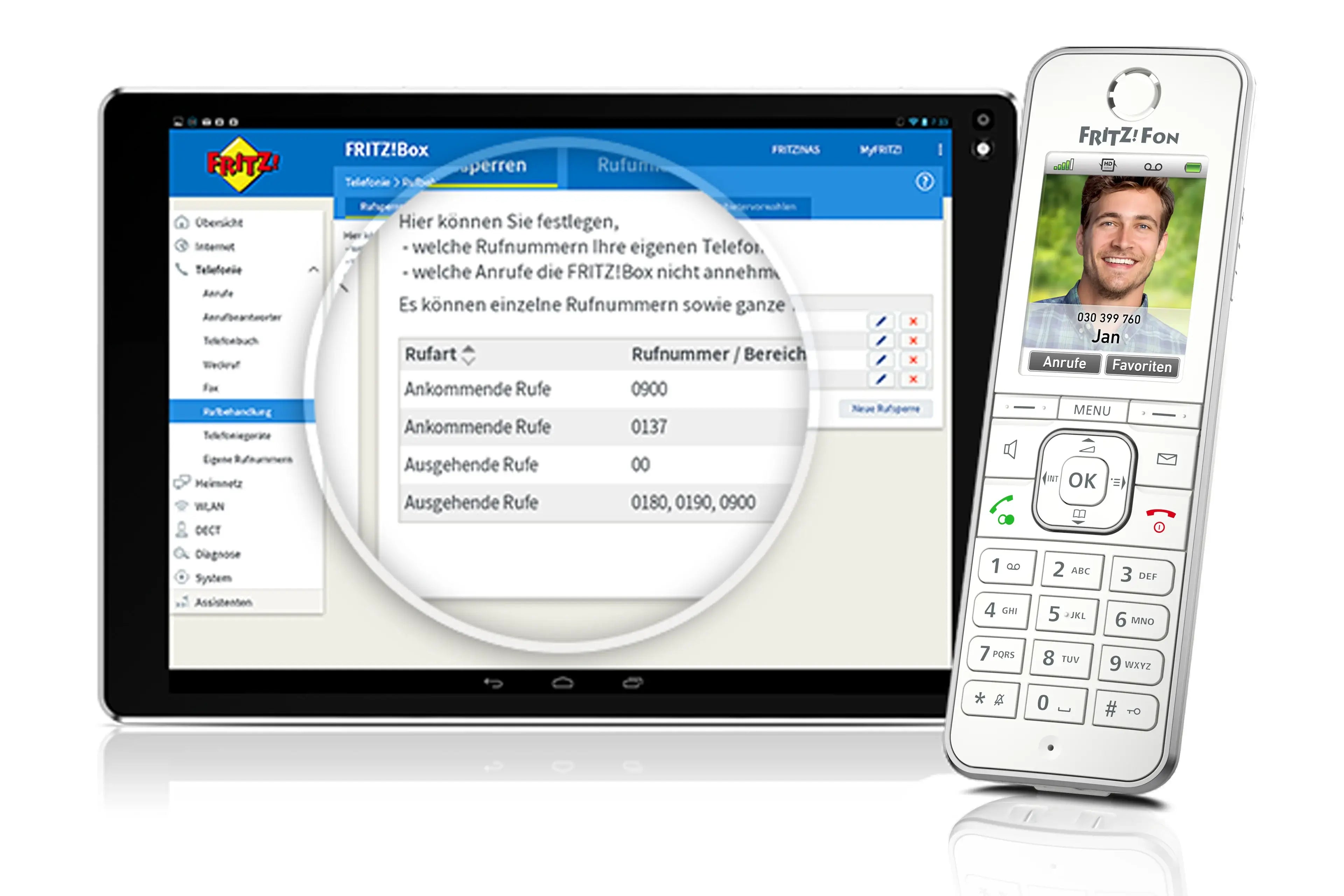 FRITZ!Box Benutzeroberfläche auf Tablet mit Telefonfunktionen und FRITZ!Fon abgebildet.