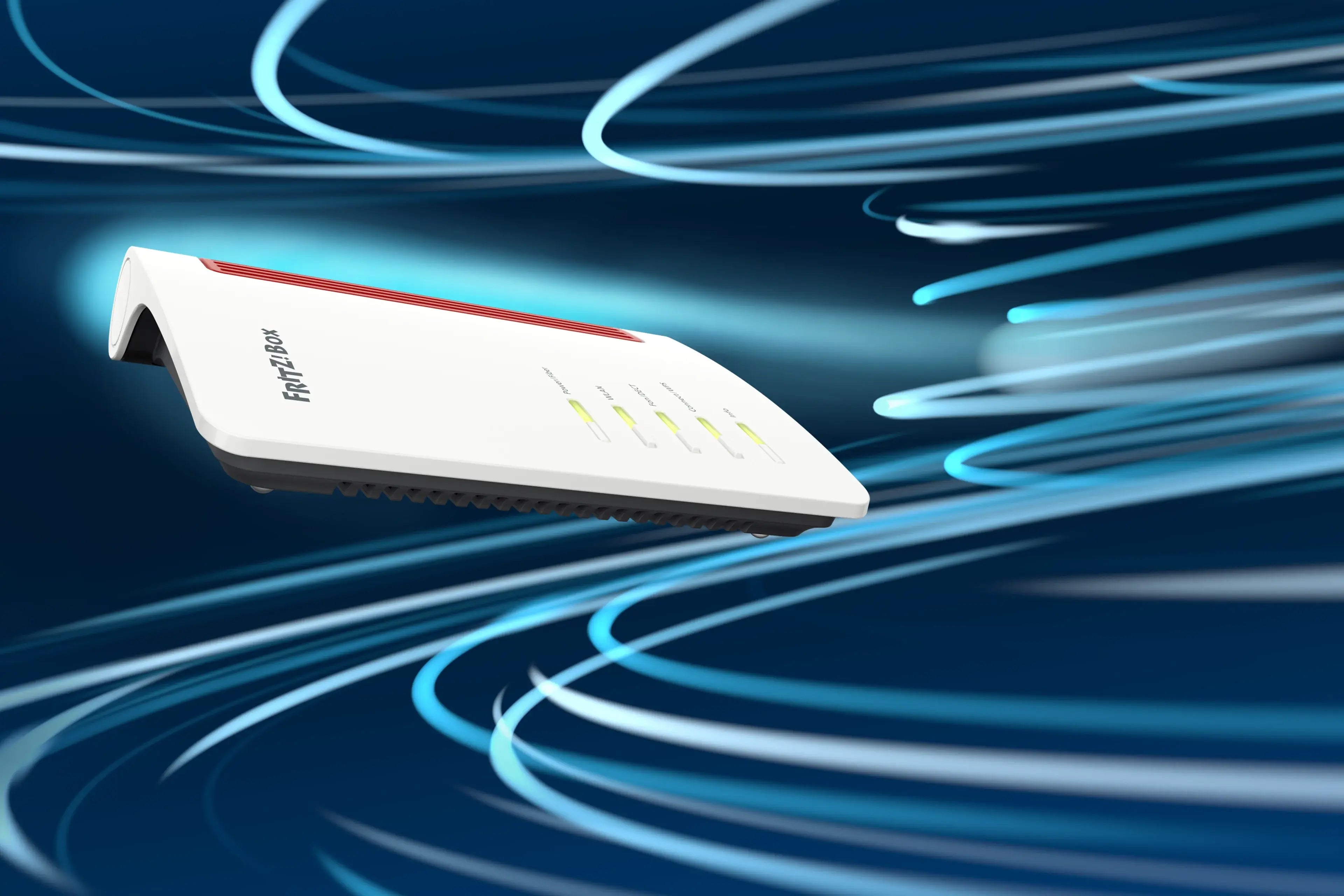 Zukunftsweisender Router mit LED-Anzeigen vor einem dynamischen blauen Hintergrund