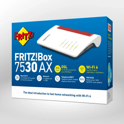 Verpackung von FRITZ!Box 7530 AX auf grauem Hintergrund